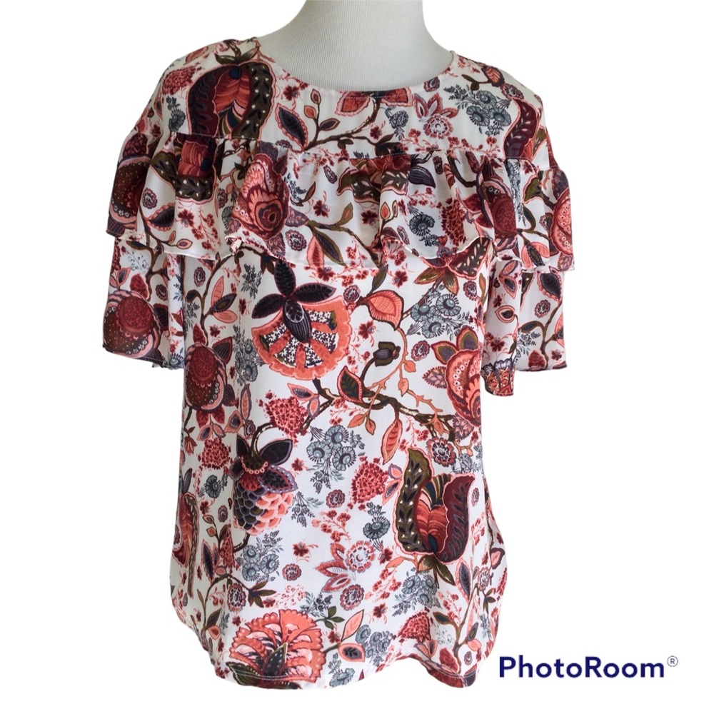 LOFT Multi Color Floral Mixed Ruffle Top S - Picture 4 of 9